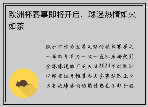 欧洲杯赛事即将开启，球迷热情如火如荼